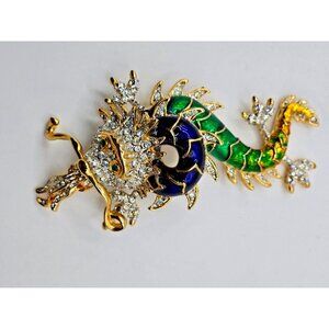 Vintage unsigned BUTLER & WILSON DRAGON BROOCH Pin Rhinestone & Enamel Beautiful